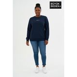 Superlife Kadın Büyük Beden Orta Brooklyn Baskılı Bisiklet Yaka Ince Sweatshirt SPR26BSWK956-8 - Navy - 4XL