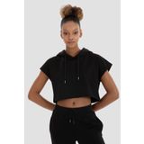 Superstacy Alice Kapüşonlu Kısa Kollu Siyah Crop Sweatshirt