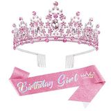 SuPoo Pembe Doğum Günü Taçları Doğum Günü Kuşağı ve Taç Seti Doğum Günü Tiara Yapay Elmas Metal Taç Taraklı Parıltılı Doğum Günü Kız Kuşağı Kristal Kafa Bandı Prenses Tiaraları Kız Mutlu Doğum Günü