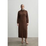Şuranur Bürümcük Gömlek Yaka Boydan Düğmeli Uzun Elbise Tesettüre Uygun 2xl 6xl - Kahverengi - 5XL