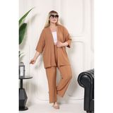 Şuranur Homewear Kimono Hırkalı Yazlık 2li Alt Üst Takım Oversize Stil Camel Renk Günlük Kullanım İçin Özel - XL
