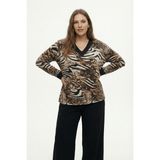 Şuranur Leopar & Zebra Karma Desenli V-Yaka Bluz – Siyah Biyeli, Rahat Kesim - 3XL