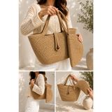 SURENO Fermuarlı Hasır Jüt Vegan Clutch Çanta Düğmeli Kol Çantası