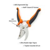 SürLaz 20 cm Profesyonel Budama Makası | Paslanmaz Çelik | Turuncu Siyah Ergonomik Sap | Kilit Mekanizmalı