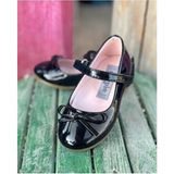 Surpie Shoes Ince Fiyonk Detaylı Kız Çocuk Babet, Siyah Suni Deri, Ortopedik Tabanlı, Düz Topuklu