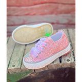 Surpie shoes Kız Çocuk Dantelli Ayakkabı 21-30 Numara Işıklı Oval Taban Düz Topuklu - Pembe