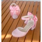 Surpie Shoes Kız Çocuk Topuklu Ayakkabı Oval Kalın Tabanlı Şık Tasarım - Pembe