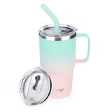 Sursip 680 ml Saplı Yalıtımlı Kupa, Çift Duvarlı Vakumlu Paslanmaz Çelik Pipetli ve 2 Kapaklı, Soğuk/Sıcak İçecekler İçin, Araba/Ev/Ofis/Parti/Kamp için Kahve Seyahat Kupası (Yeşil ve Pembe-1 Paket)