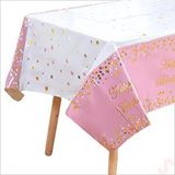 SüSLe Bebek ve Parti Happy Birthday Altın Baskılı Masa Örtüsü, 137cm X 183cm - Pembe Çok Renkli