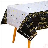 SüSLe Bebek ve Parti Happy Birthday Altın Baskılı Masa Örtüsü, 137cm x 183cm - Siyah