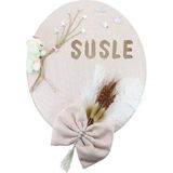 Süsle Bebek ve Parti Kuru Çiçek Tanzimli, Ayıcıklı, İsimli Oval Kapı Süsü, Pudra Renk