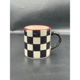 Süsler Çini Ve Seramik El Yapımı Damalı Seramik Espresso Fincan Seti – 6’lı | Siyah & Beyaz | 170 ml | Kırmızı Rimli - 6 Adet - 150 ml