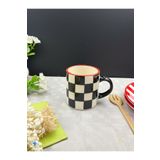 Süsler Çini ve Seramik El Yapımı Damalı Seramik Espresso Fincan Seti – 6’lı | Siyah & Beyaz | 170ml | Kırmızı Rimli