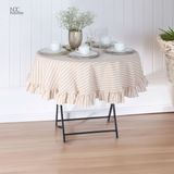 Sütlü Kahve Çizgili Keten Yuvarlak Fırfırlı Masa Örtüsü - 210 x 210 cm