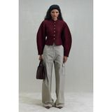 Suud Collection Bordo Gigi Belden Oturtmalı Ceket Kadın Uzun Kol Pamuklu Düz Desenli Blazer Tasarım - 38