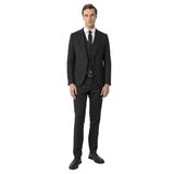 Süvari Siyah Slim Fit Armürlü Sivri Yaka 6 Drop Yelekli Klasik Takım Elbise, 46