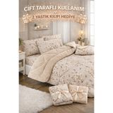 SUVAY Çift Kişilik Welsoft Yorgan | 2 Yastık Kılıfı Hediyeli, Çift Taraflı - Etnik Bej