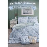 SUVAY Çift Kişilik Welsoft Yorgan | 2 Yastık Kılıfı Hediyeli, Çift Taraflı - Etnik Mavi