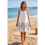 SUVAY Kadın Beyaz Düş Kapanı Desenli Pamuklu Plaj Elbisesi Askılı Püsküllü Pareo Tunik Mayo Üstü Beachwear Yazlık