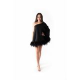 Suvee Collection Siyah Tek Kol Tüy Detaylı Mini Elbise
