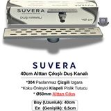 Suvera 40CM 304 Paslanmaz Izgaralı (Alttan Çıkışlı) Koku Önleyici Klapeli Duş Kanalı – Ø50MM Alt Çıkış - (Çizgili Izgara) - Çizgili Izgara (Line)