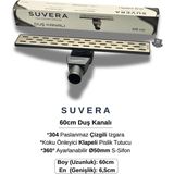 Suvera 60CM Paslanmaz Izgaralı Koku Önleyici Klapeli Duş Kanalı Takımı – Ø50 mm S-Sifon - Çizgili Izgara (Line)