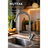 Suvia Mutfak Bataryası 360° Döner Gövdeli Oynar Perlatörlü Krom Evye Musluğu Sıcak Soğuk Su Pirinç