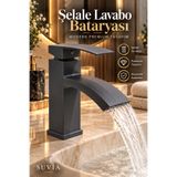 SUVİA Şelale Lavabo Bataryası Antrasit Banyo Bataryası Modern Lavabo Musluğu Şelale Akışlı Armatür