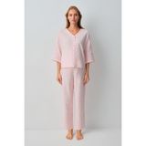 Suwen Cindy Pamuklu Hamile Lohusa Gömlek Yaka Pijama Takımı - Pembe - 2XL