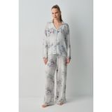 Suwen Glace Gömlek Yaka Pijama Takımı - Gri - 2XL