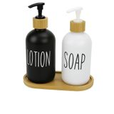 SUWORS 2’li Cam Sıvı Sabunluk ve Losyonluk Seti | 500 ml Siyah & Beyaz Boyalı Cam | Bambu Kapak ve Ahşap Altlıklı Banyo Seti | Şık ve Dayanıklı Tasarım