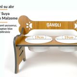 Suya Dayanıklı Ahşap, Kademeli,Eğimli,Özel İsim Baskılı Köpek Mama ve Su Kabı Stantı-2 * 1000 ml. (teak-siyah/siyah)