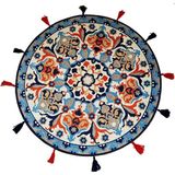 Suzani Blue 601 Etnik ve Çini Desen Yuvarlak Püsküllü Halı - 150 x 150 cm - Renkli