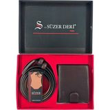 Süzer Deri %100 Gerçek Deri Kemer ve Cüzdan Özel Kutulu Hediyelik Set Kahverengi /damat Bohçası ve Özel Günlere - 130 cm