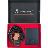 Süzer Deri %100 Gerçek Deri Kemer ve Cüzdan Özel Kutulu Hediyelik Set Lacivert (Damat Bohçası ve Özel Günlere) - 105 cm