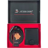 Süzer Deri %100 Gerçek Deri Kemer ve Cüzdan Özel Kutulu Hediyelik Set Siyah (Damat Bohçası ve Özel Günler Için) - 115 cm