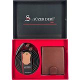 Süzer Deri %100 Gerçek Deri Kemer ve Cüzdan Özel Kutulu Hediyelik Set Taba (Damat Bohçası ve Özel Günler Için) - 112 cm
