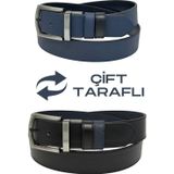 Süzer Deri 4 cm. Çift Taraflı Spor Model Suni Deri Unisex Kot Kemer Lacivert/Siyah