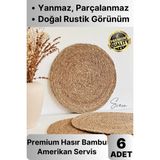 Svein 6'lı Premium Yuvarlak Hasır Bambu Amerikan Servis Örme Supla Sofra Yemek Masası Yanmaz Tabak Altlığı - 36 x 36 cm - Açık Sarı