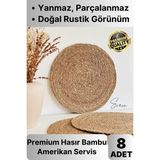 Svein 8'li Premium Yuvarlak Hasır Bambu Amerikan Servis Örme Supla Sofra Yemek Masası Yanmaz Tabak Altlığı - 36 x 36 cm - Açık Sarı
