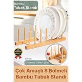 Svein Çok Amaçlı Düzenleyici Bulaşıklık Plak Tabak Kitap Mutfak Organizer 8 Bölmeli Bambu Tabak Standı