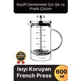 Svein Çok Amaçlı Isıyı Koruyan Süzgeçli Bitki Çayı Filtre Kahve Demlik Ölçü Kabı Cam French Press 600 ml
