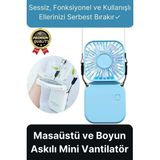 Svein Çok Fonksiyonlu Taşınabilir Sessiz Serinletici Şarjlı Fan Masaüstü ve Boyun Askılı Mini Vantilatör - Mavi