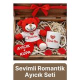 Svein Özel Tasarım Sevimli Romantik Hediye Gift Sevgili I Love You Baskılı Kupa Ve Kırmızı Ayıcık Seti