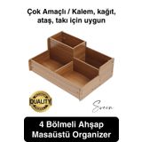 Svein Özel Üretim 4 Bölmeli Masa Üstü Ahşap Kalem Kağıt Ataş Takı Organizeri Düzenleyici Kutu Ofis Masası