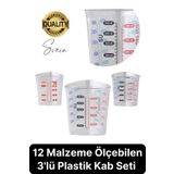 Svein Premium 3'lü Set Plastik Ölçü Kabı 12 Çeşit Malzeme Ölçme Şeffaf Mutfak Gereci Galeta Unu İrmik