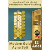 Svein Yeni Seri Modern Şık Tasarım Dekoratif Altıgen Ev Ofis Duvar Dolap Yapışkanlı Gold Ayna Seti 12 Adet