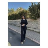 SVEMY Kadın Siyah Beyaz Detaylı Fitilli Uzun Kol Bluz Bol Paça Pantolon Alt-Üst Takım