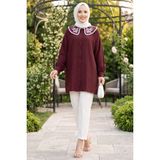 SVS Yaka Nakışlı Tesettür Tunik Bordo - Standart