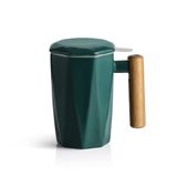 SWEEJAR Demlikli ve Kapaklı Porselen Çay Kupası, Ahşap Saplı, 481 ml, Duman için Geometrik Şekilli Çay Fincanı, Çay Sever, Hediye, Ev, Ofis (Yeşim)